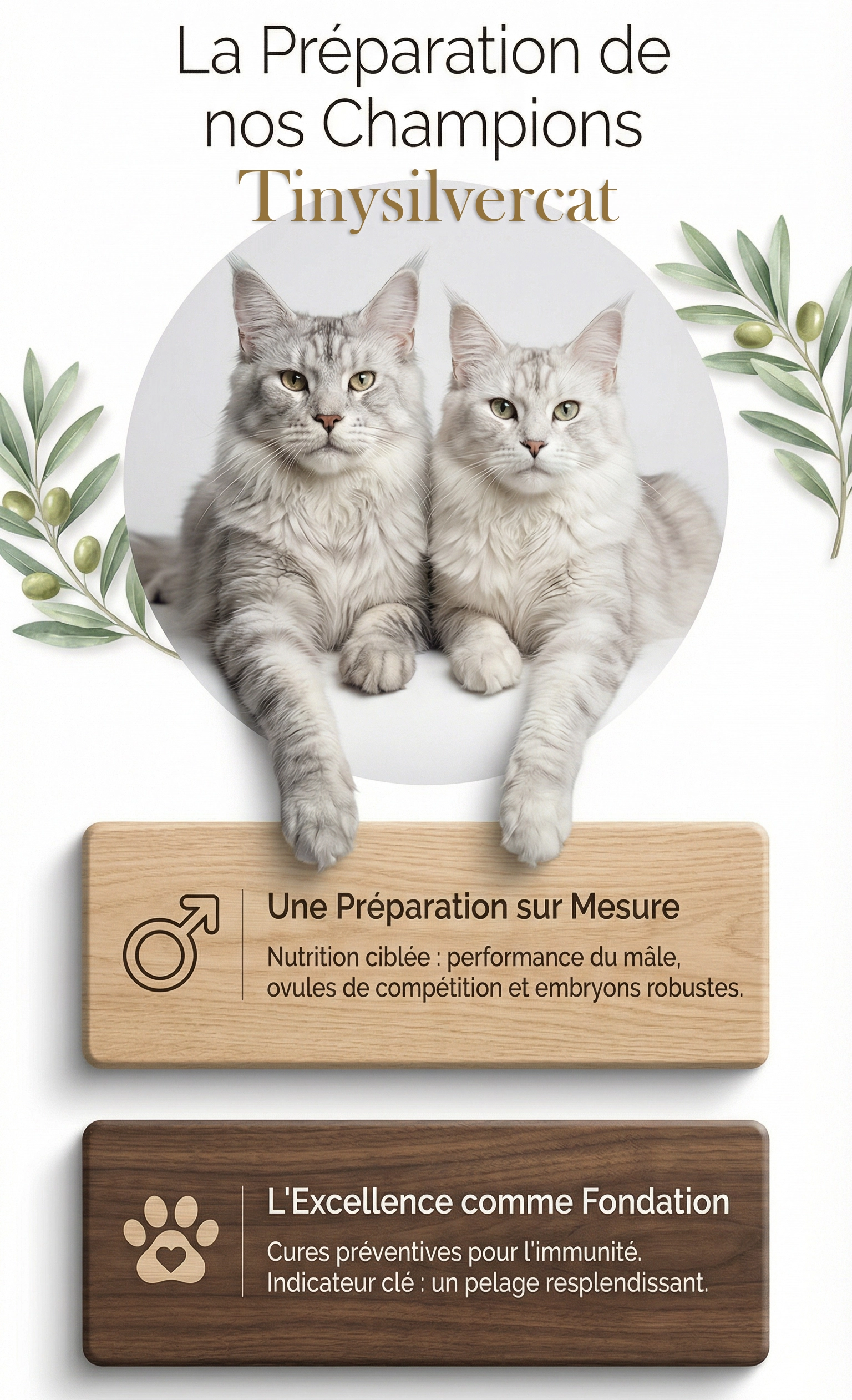 Infographie TinySilverCat illustrant la préparation nutritionnelle et physiologique des reproducteurs Maine Coon, axée sur la performance du mâle, la qualité ovocytaire de la femelle et la prévention avant la saillie.