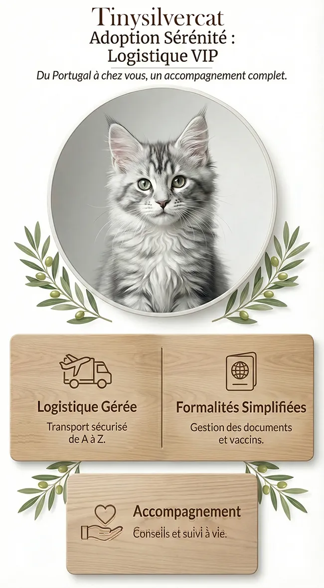 Adoption et Livraison Internationale : Service VIP Tinysilvercat Infographie explicative sur l'adoption : gestion complète du transport sécurisé, formalités administratives (passeport, vaccins) et accompagnement à vie, avec un chaton Silver au centre.
