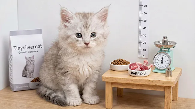 Nutrition du Maine Coon : BARF et Croquettes Chaton Maine Coon blanc très clair assis à côté d'une ration de viande crue (BARF), de croquettes et d'une courbe de poids.