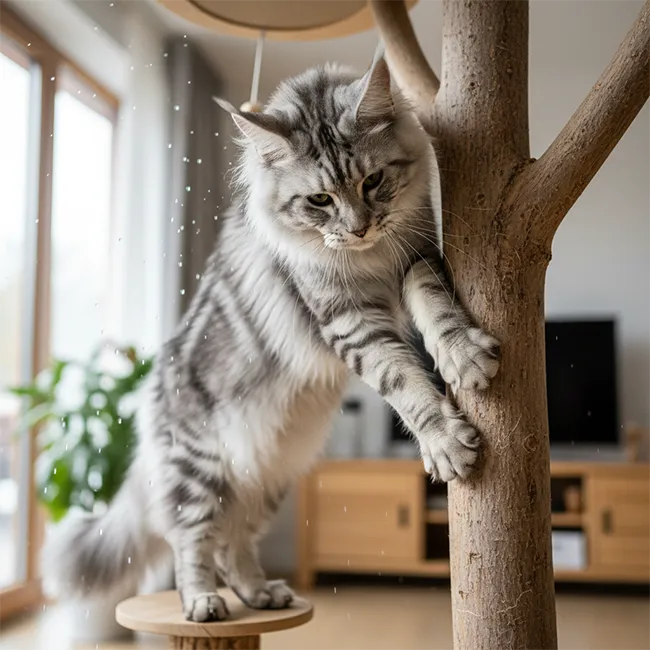 Maine Coon Silver descendant agilement d'un arbre à chat, illustrant une bonne santé articulaire et musculaire.