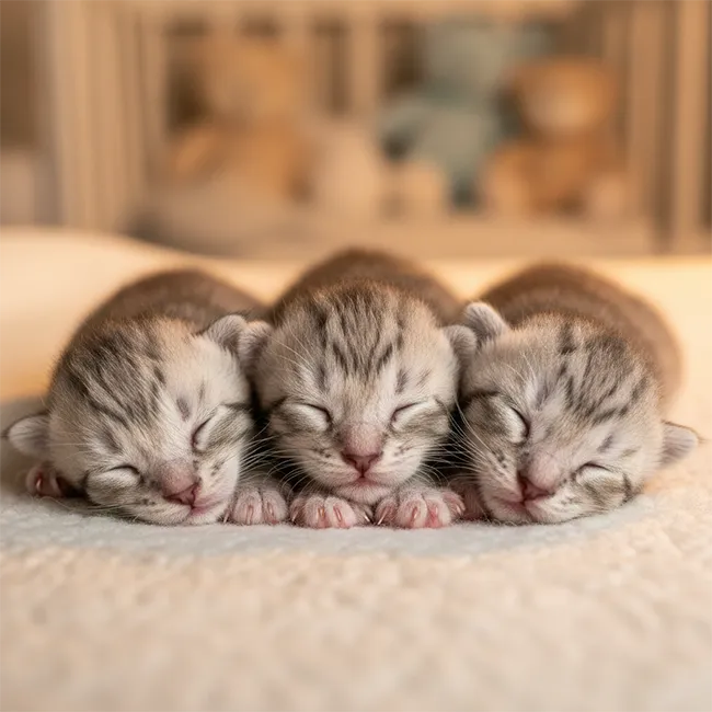 Nouveau-nés Maine Coon en nurserie : La quatorzaine sanitaire Trois nouveau-nés chatons Maine Coon dormant dans un nid chaud en nurserie, sous surveillance sanitaire stricte.