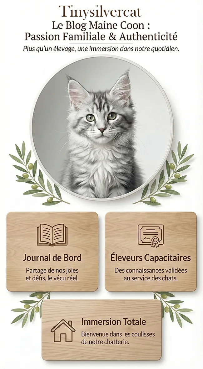 Infographie montrant un Maine Coon Silver et trois panneaux de bois expliquant la philosophie de l'élevage : journal de bord authentique, éleveurs capacitaires et immersion familiale totale.