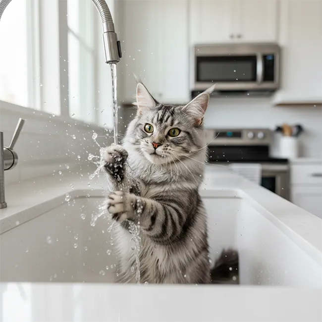 Le Maine Coon : Un chat qui aime l'eau et le jeu Maine Coon jouant avec l'eau du robinet dans une cuisine, illustrant le caractère curieux et "chien-chat" de la race.