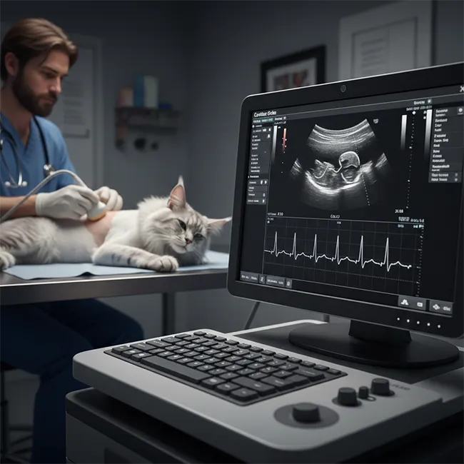 Vétérinaire pratiquant une échographie de contrôle cardiaque sur un Maine Coon Silver.