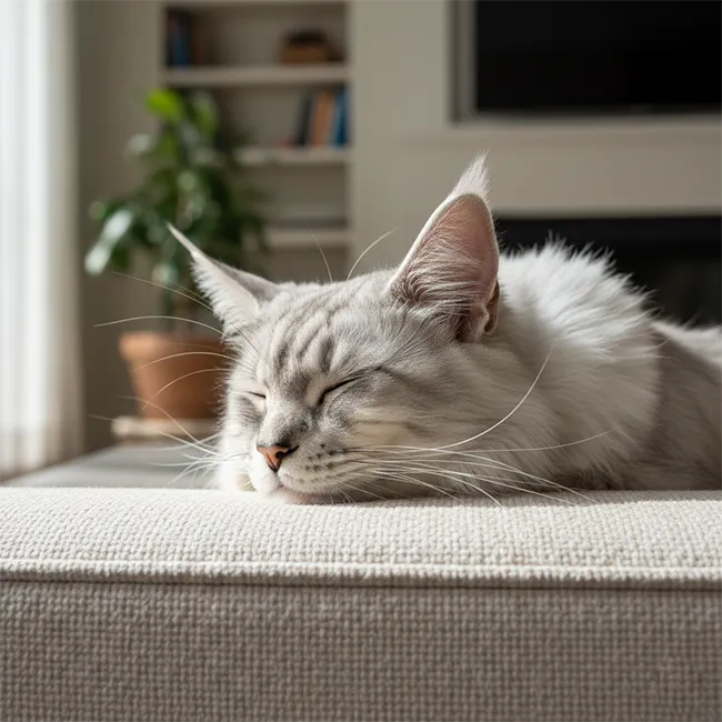 Repos d'une maman Maine Coon avant sa prochaine portée Femelle Maine Coon Silver Shaded adulte dormant paisiblement sur un canapé, illustrant le respect des cycles de repos à l'élevage.