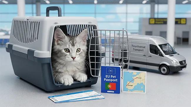 Adoption et Transport International Tinysilvercat Chaton Silver dans une caisse de transport sécurisée avec passeport européen et camionnette de livraison Tinysilvercat.