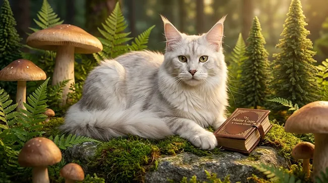 histoire-la-race-maine-coon-tinysilvercat Majestueux Maine Coon Silver Shaded couché en forêt à côté d'un livre ancien sur la race.