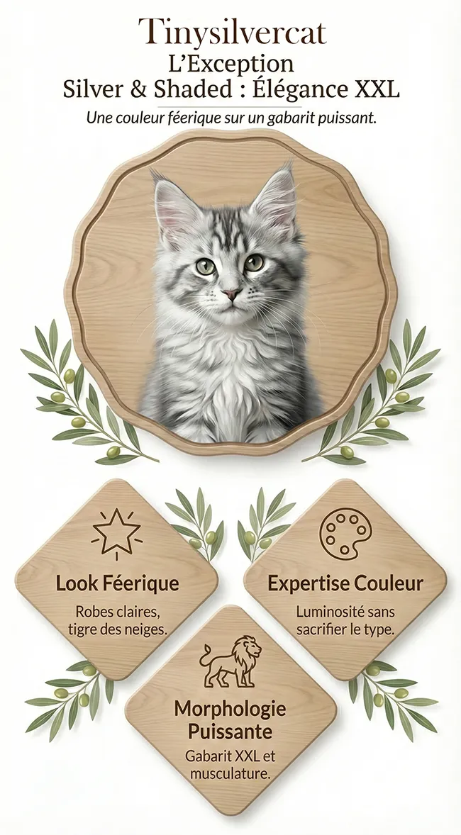 Infographie esthétique montrant un Maine Coon très clair et trois losanges de bois expliquant les critères de sélection : look féerique, expertise couleur et morphologie puissante XXL.