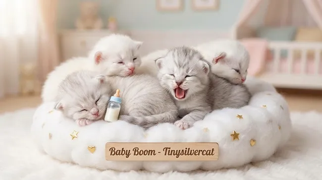 Portée de chatons Maine Coon Silver et White Shaded - Tinysilvercat Chatons Maine Coon Silver et Blanc très clairs dormant dans un nid en nuage avec des biberons.