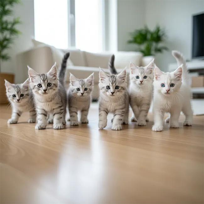 Portée de chatons Maine Coon Tinysilvercat en plein jeu Groupe de chatons Maine Coon Silver Shaded de 6 semaines jouant ensemble, illustrant la cohésion d'une portée et son thème.