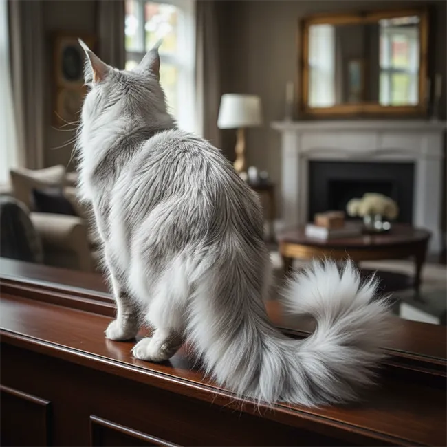 La queue en panache : Signature du standard Maine Coon Chat Maine Coon Silver en vue 3/4 dos, mettant en valeur la longueur du corps rectangulaire et une queue très fournie en panache.