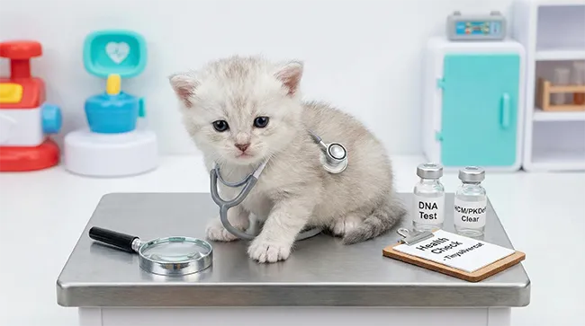 Suivi vétérinaire et tests ADN chez Tinysilvercat Chaton Maine Coon Silver Shaded sur une table vétérinaire avec un stéthoscope et des flacons de tests génétiques.