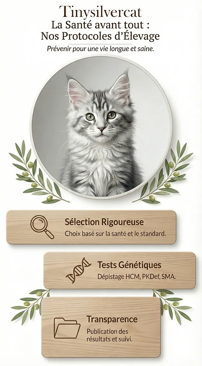 Protocoles de Santé et Tests Génétiques Tinysilvercat Infographie détaillant les protocoles de santé Tinysilvercat : sélection rigoureuse, tests génétiques ADN (HCM, PKDef, SMA) et transparence médicale, illustrée par un chaton Silver.