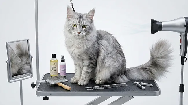 Entretien et Toilettage du Maine Coon Silver Chat Maine Coon Silver Shaded sur une table de toilettage avec séchoir, brosses et shampoings spécifiques.