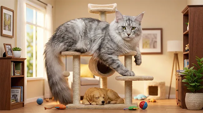 Vie quotidienne : Maine Coon Silver sur arbre à chat avec chien Grand Maine Coon Silver Shaded sur un arbre à chat solide, surveillant paisiblement un chien endormi au sol.