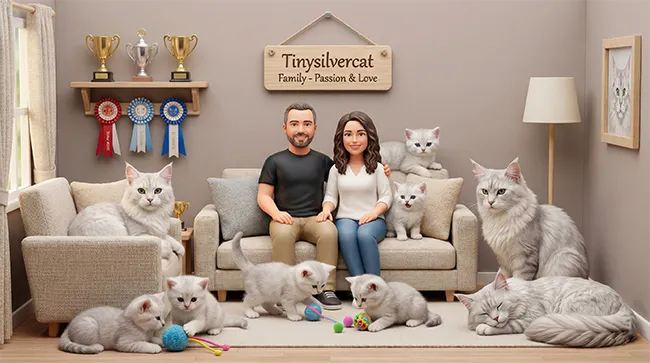 L'équipe Tinysilvercat : Christophe et Elisabete Portrait de famille illustré des éleveurs entourés de leurs chats Maine Coon Silver et Blanc Shaded dans leur salon.